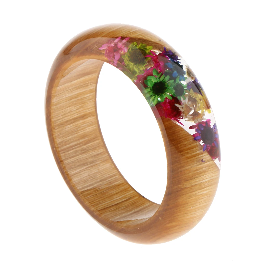 Clear Dried Flowers Incased Resin Charms Wooden Bracelet Bangle Women Girls Bohemian Jewelry Fashion
