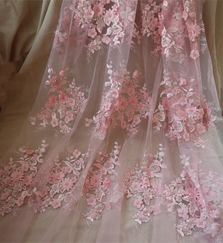 

1 yard heavy beaded pink 3D flowers lace fabric mesh embroidered lace fabric