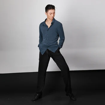 

2019 Latin Dance Shirts Men Long sleeve blue Tops Rumba Dance Wear Adult Latin Clothes Performance Competition Clothing DQS1111