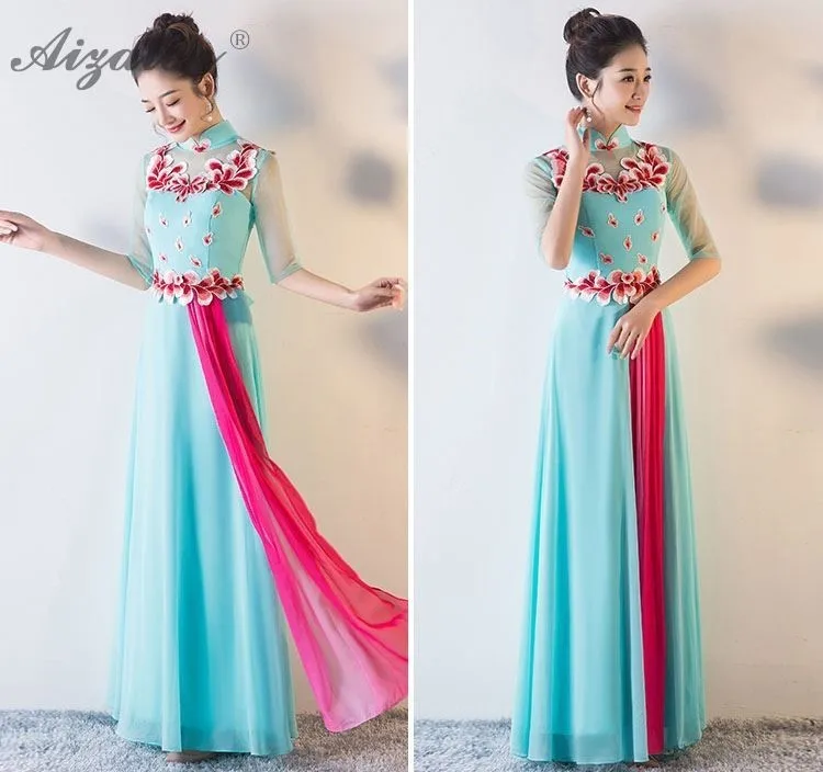 Модные синие Cheongsam Qipao Для женщин длинные традиционное китайское ...