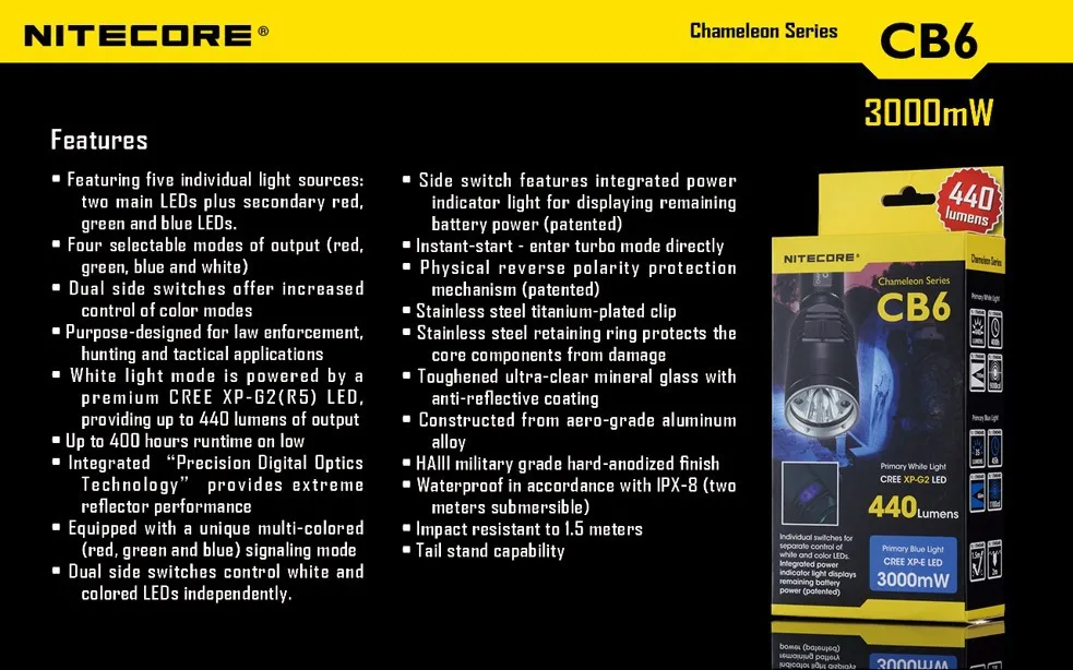 Nitecore cb6 два основных ccree XP-G2 (R5) и CREE XP-E синий светодиодный фонарик Водонепроницаемый + Nitecore nl188 3100 мАч батареи