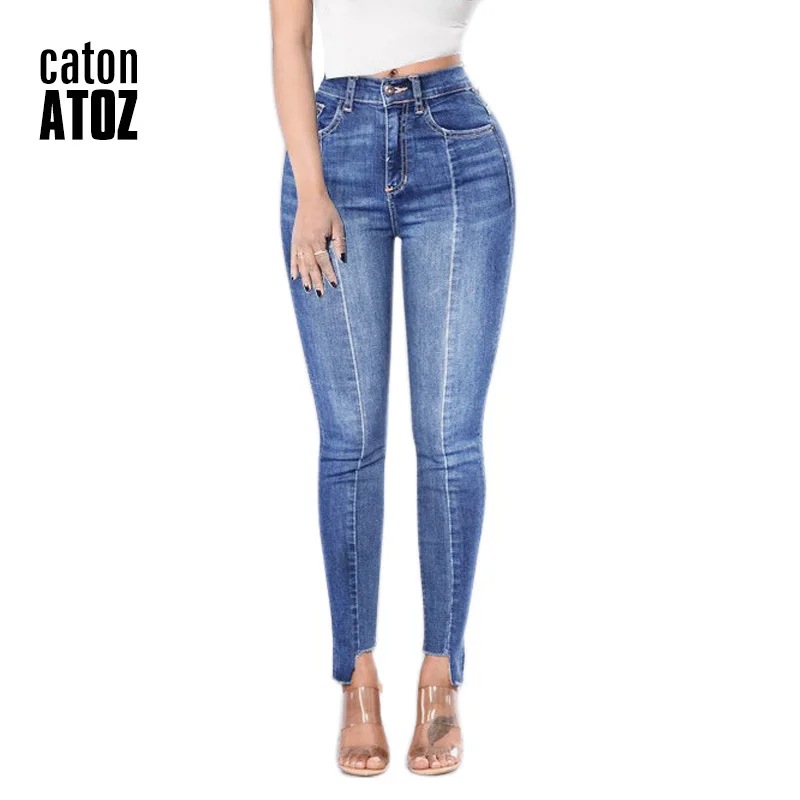 2154 Women`s Irregular Leg Opening Patchwork Jeans Stretch Slim Fit Denim Pants Skinny Jeans
