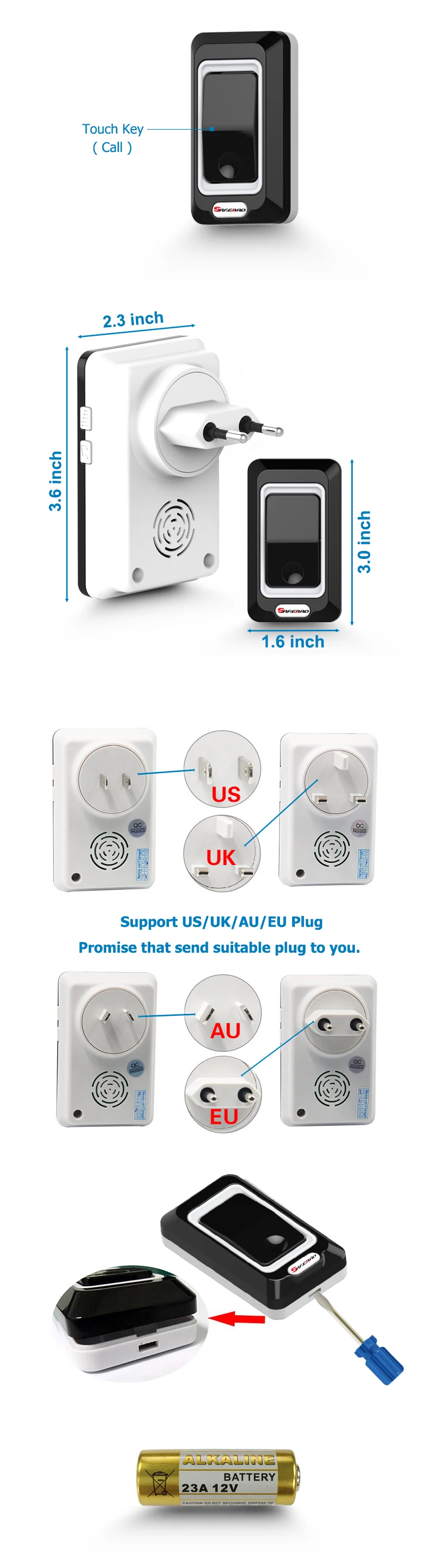 Saful водонепроницаемый беспроводной дверной звонок с 28 рингтонов EU/US/AU/UK plug 1 открытый передатчик+ 1 крытый приемник