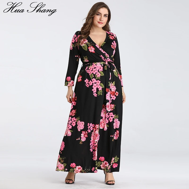 

Black Maxi Dress Long Sleeve Women Summer V Neck Floral Print Boho Dress Plus Size Belted High Waist Ladies Tunic Beach Dresses