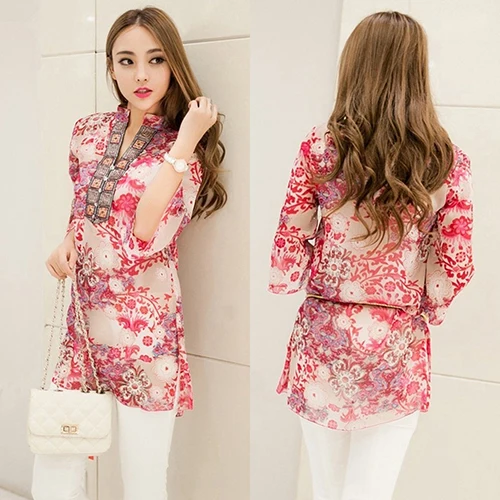 أزياء المرأة الصيف الكورية نمط العرقية فضفاض بلوزة شيفون قميص