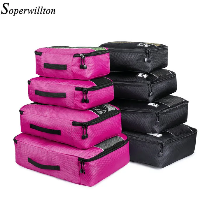 Soperwillton дорожные сумки Упаковка Кубики дорожные сумки набор 4 шт. 8 шт. дорожная сумка органайзер куб сумка упаковка одежда - Цвет: 4 Rose 4 Black