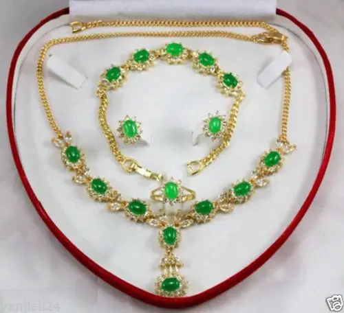 

FREE SHIPPING>>@> Jewelry 001157 women's gift Green Jade Necklace 18" Bracelet 7.5" Earring Ring Natural jewelry