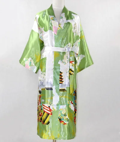 Золото Для женщин шелк длинное кимоно юката с поясом с принтом Robe платье сексуальное женское белье Ночное цветок плюс Размеры S-XXXL NR028 - Цвет: Green