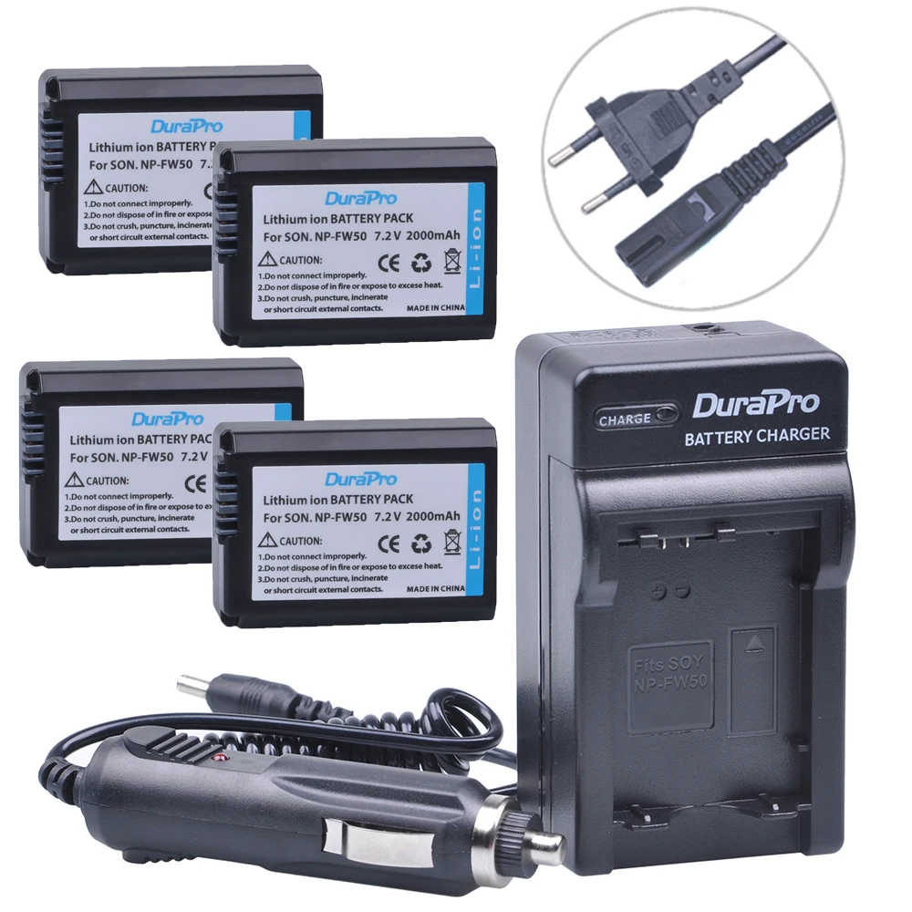 4pc NP FW50 NP FW50 FW50 Li ion Battery+Car Charger +EU AC For Sony A6000 NEX 7 NEX 5N NEX F3