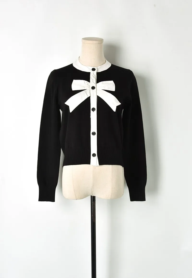 Ранняя весна, милый женский кардиган с бантиками, женский, черный, белый цвет, вязанный короткий свитер, кардиган, тонкий вязаный Топ, верхняя одежда - Цвет: Черный