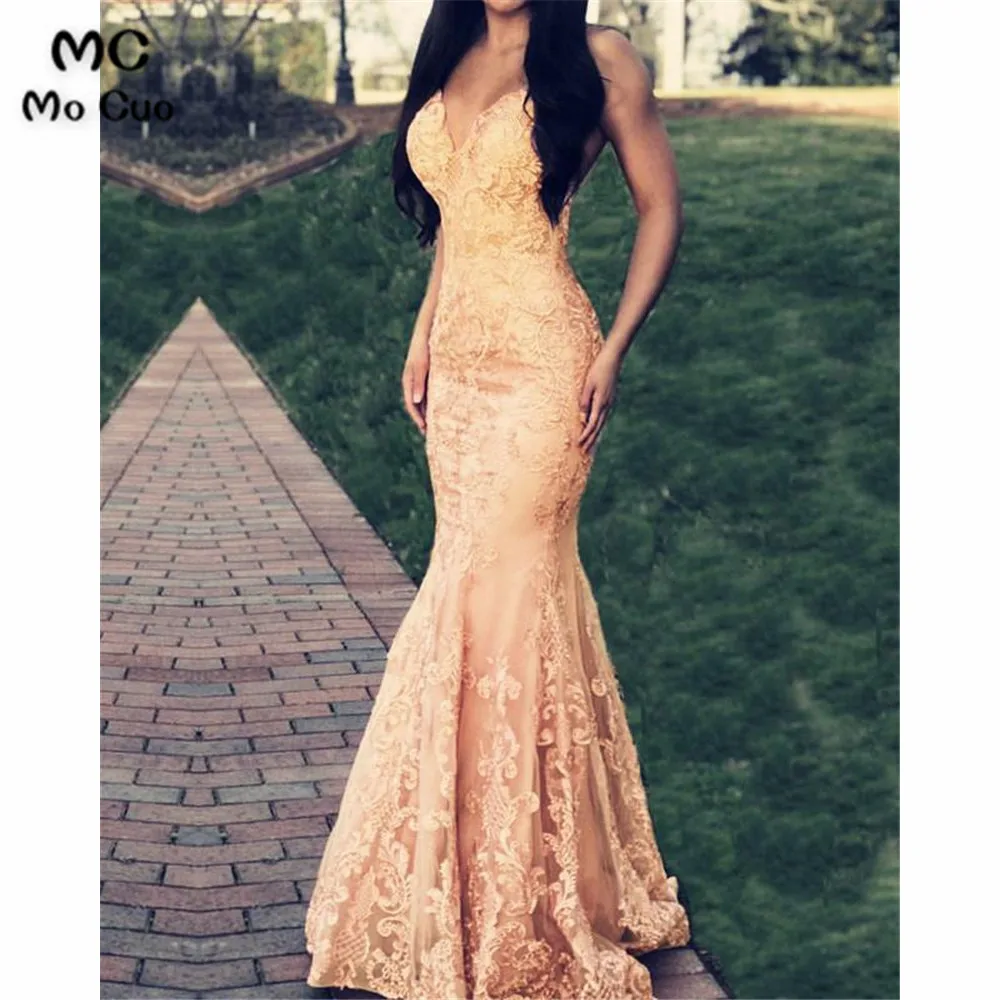 Mermaid Lace Appliques V Neck Prom Dresses (3)