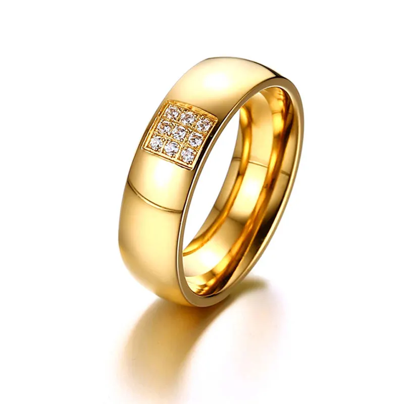 KISS MANDY Gold Stainless Steel Couple Promise Rings With 9 Pcs Zircons For Lovers Engagement Wedding Band Women Jewelry KR418