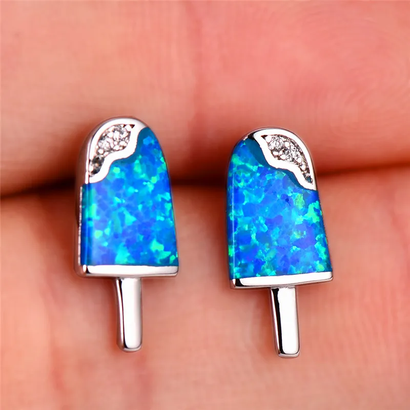 

Boho Female Small Geometric Stud Earrings Blue White Fire Opal Earrings Vintage Silver Rose Gold Color Earrings For Women