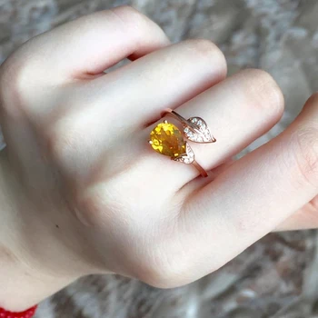 

High quality women jewelry 925 Sterling silver Natural stone yellow crystal rings girls water drop Leaf plant shape lovers gift