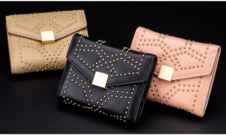 Lomelobo Ladies Rivets Small Wallet Genuine Cow Leather Women Three-Fold Short Personality Wallet Girls Credit Card Holder Purse HPL2627-1 Details (13)