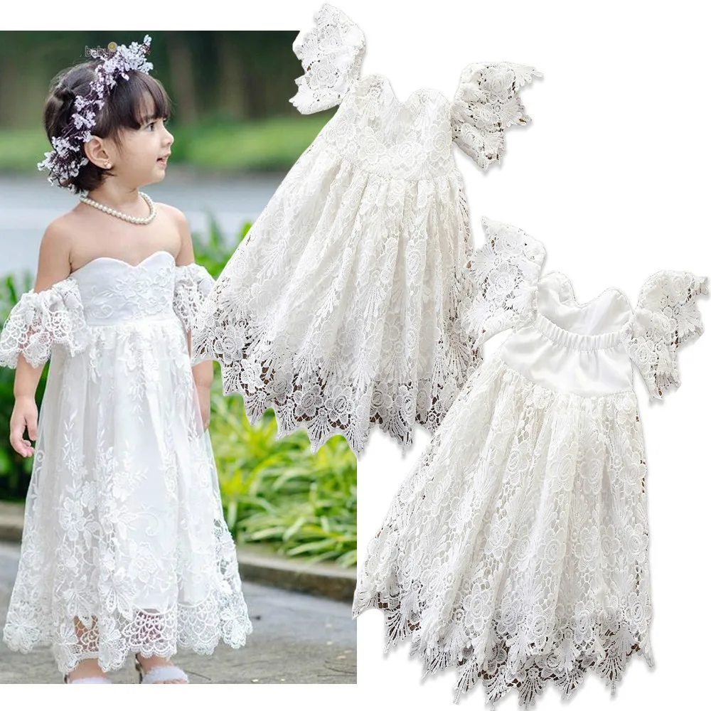 

Cute sukienki Girls Lace Princess Modis Wedding Dress Solid Color White One-shoulder vestido infantil kids dresses for girls