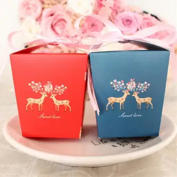 

20pcs/lot Red Color Christmas Sweet Love Candy Box With Ribbon Cute Deer Blue Color Wedding Party Favor Gift Box