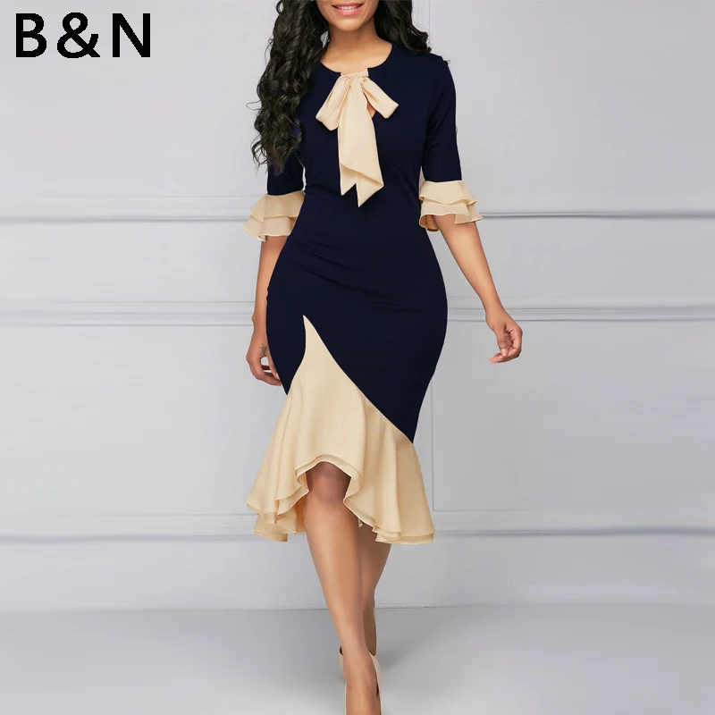 

B&N Women Formal Dress Extra Large Size S-XXXXL OL Ruffle Patchwork Cloth Bow Tie Collar Stretch Summer Lady Chiffon Pullover