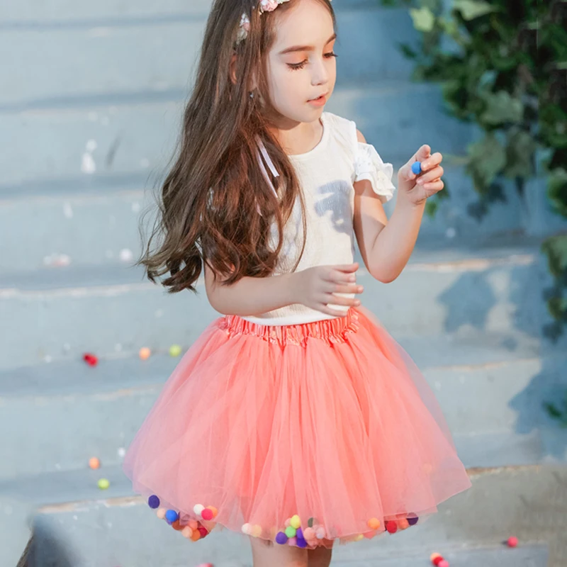 B&N Soft Chiffon Elastic Waist Girl Princess Pettiskirts Children Dance Solid Tutu Skirts Coloful Pompom Tulle Skirts For 2-8T24