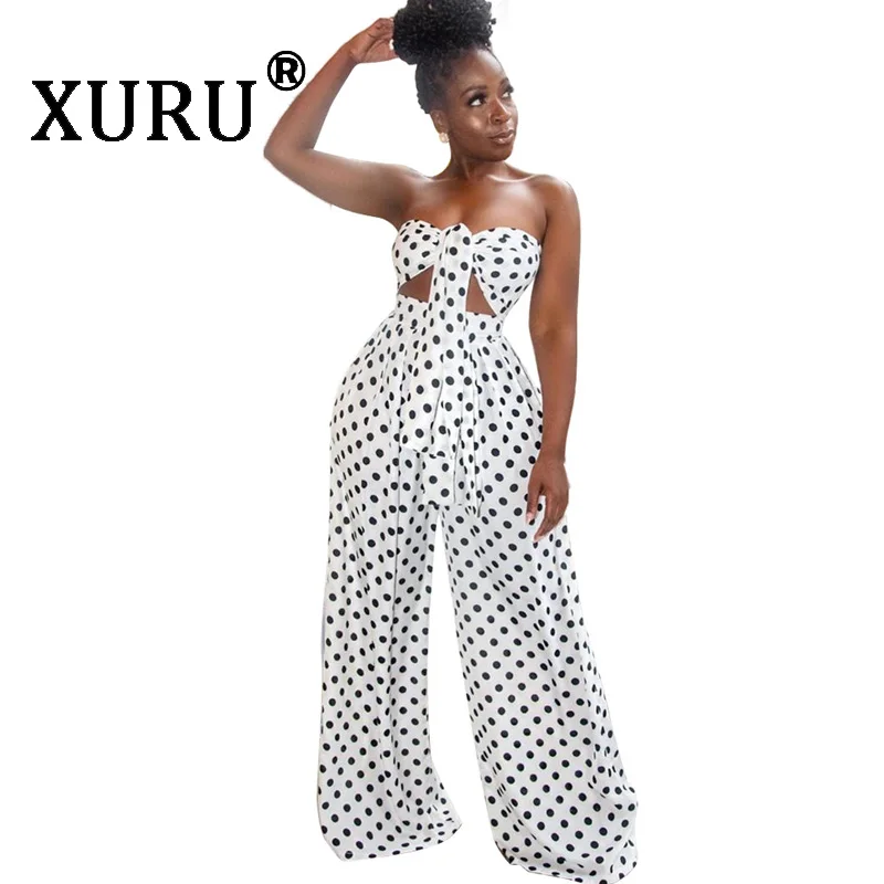 

XURU summer new fashion women's sexy jumpsuit two-piece polka dot printed wrapped wide-leg pants suit