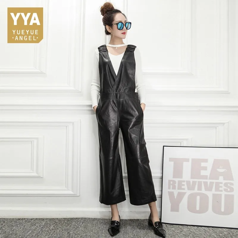 

High Quality Luxury Womens Jumpsuit Fashion Solid Sheepskin Long Overalls Female Slim Fit Sleeveless High Waist Jumpsuit M-3XL