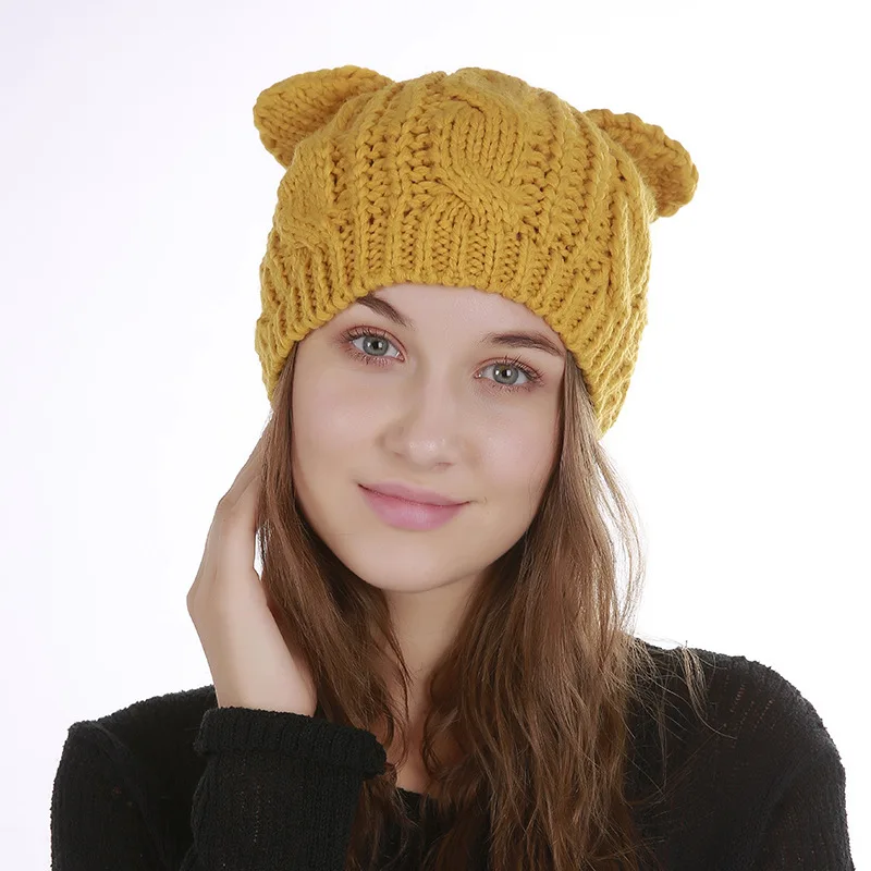 

Ladies Beanie Wool Hat Female Warm Knitted Cat Ear Cap Girls Outside Warm Hat Cashmere Casual Warm Knitting Hat B-8464
