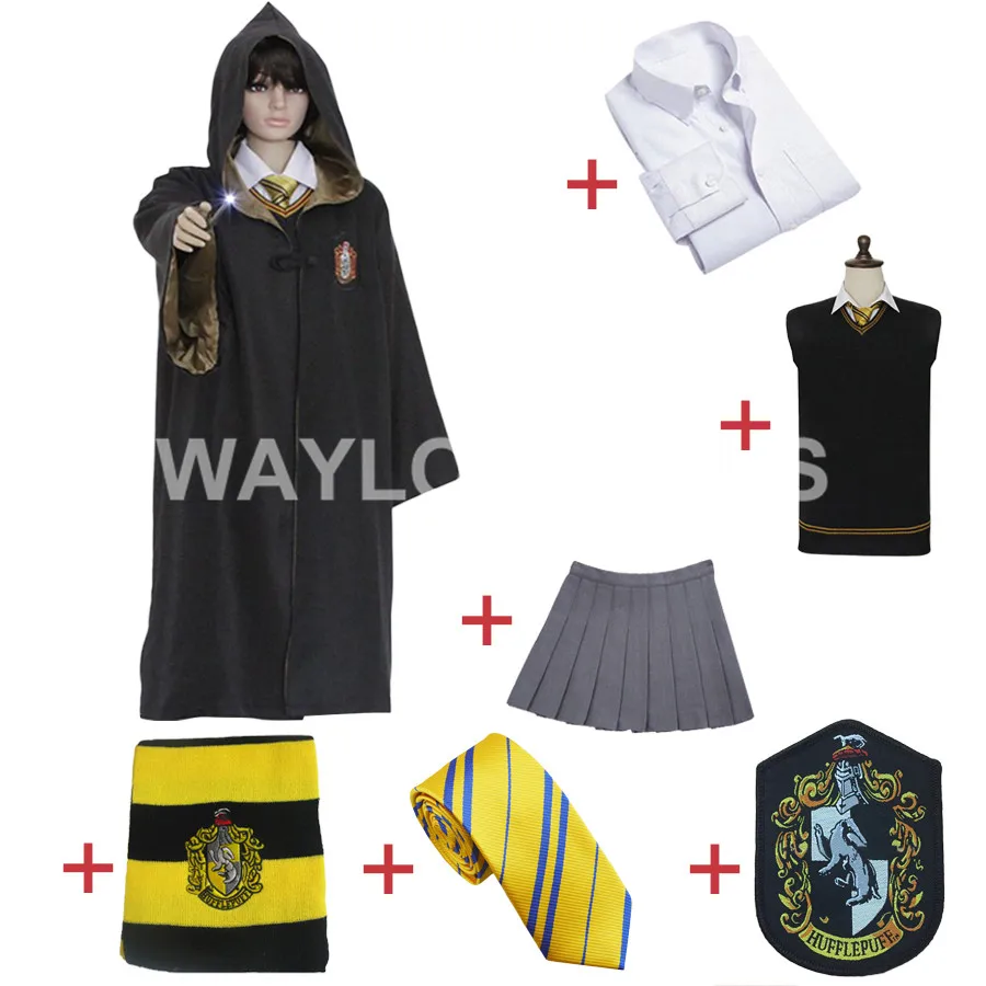 

Free Shipping Hufflepuff Cosplay Robe Cloak Skirt Shirt Sweaters Tie Scarf Uniform