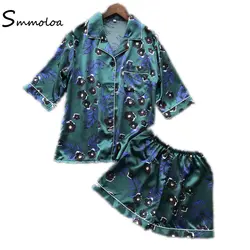 Smmoloa Лето Для женщин шелковый атлас пижамы элегантные сексуальные пижамы комплекты с шортами