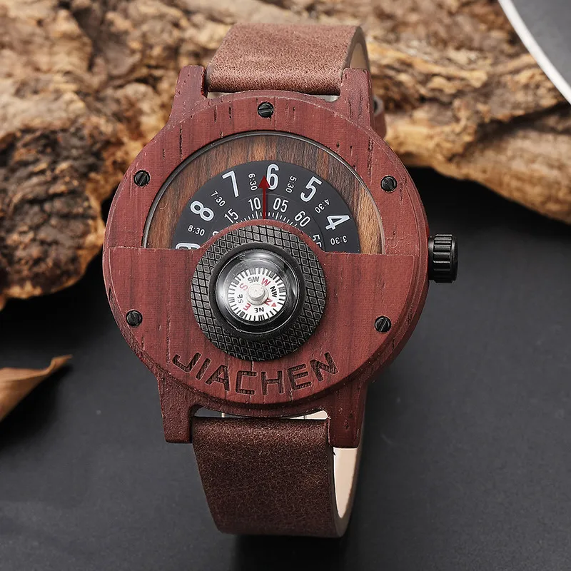 Sólida Natural Walnut Rosewood Masculino Turntable Bússola Relógio de Pulso