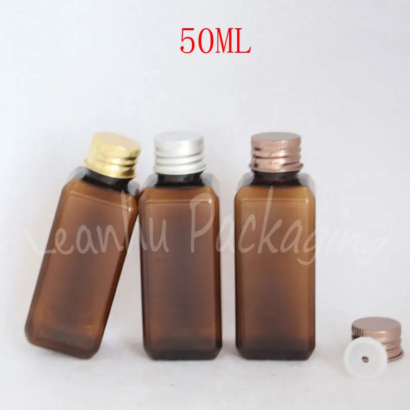 

50ML Brown Square Plastic Bottle Aluminum Cap , 50CC Toner / Lotion Sample Sub-bottling , Empty Cosmetic Container ( 50 PC/Lot )