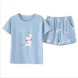 Топ с рисунком с Шорты для женщин пижамный комплект женские короткий рукав Милая Хлопковая пижама комплект 2018 летние эластичные пижамный
