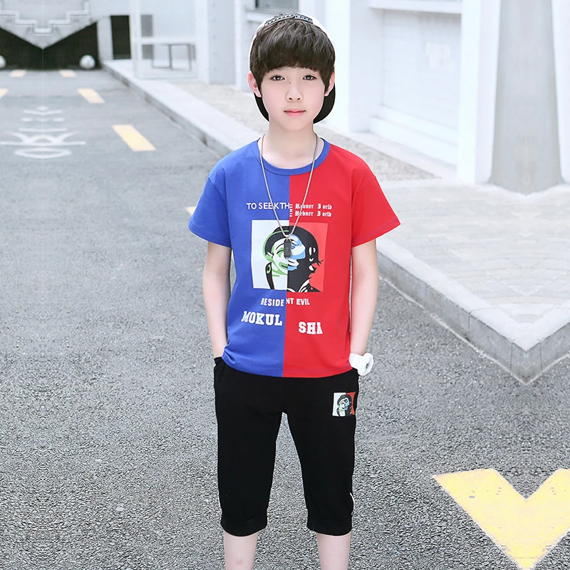 Комплект детской одежды для мальчиков-подростков, летняя корейская модная одежда в стиле пэчворк для мальчиков, одежда для подростков 4, 5, 6, 7, 8, 9, 10, 11, 12 лет