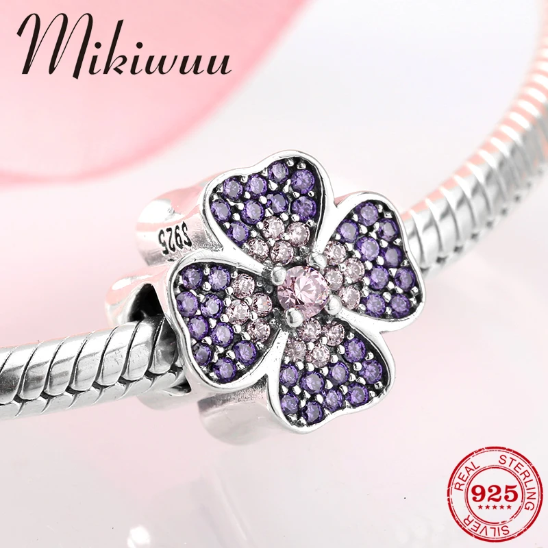 

925 Sterling Silver purple Zircon four petal flower fine DIY beads Jewelry making Fit Original Pandora Charm Bracelet