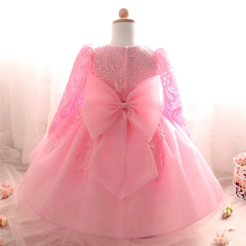 Роскошное зимнее платье для девочек с длинными рукавами и изображением белое платье для крещения для девочки 1 года; платье на день рождения для малыша Девочки нарядное крестильное платье с кружевами - Цвет: Pink 1