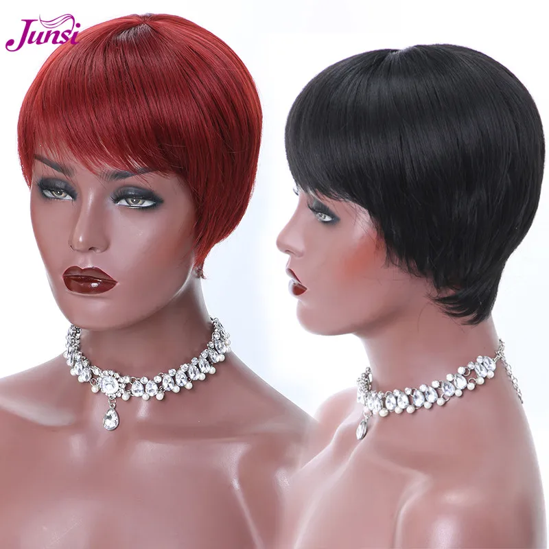 JUNSI Hair Short Red Black Pixie Cut Synthetic Wigs for ...