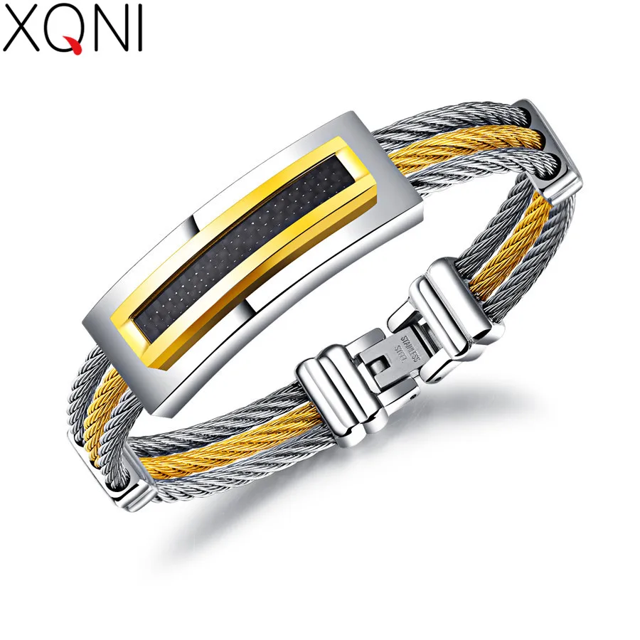 

XQNI Three-layers Simulated Carbon Fiber Hyperbole Wire Rope Bracelet For Men Stripe Gold Color Stainless Steel Male Bangle Gift