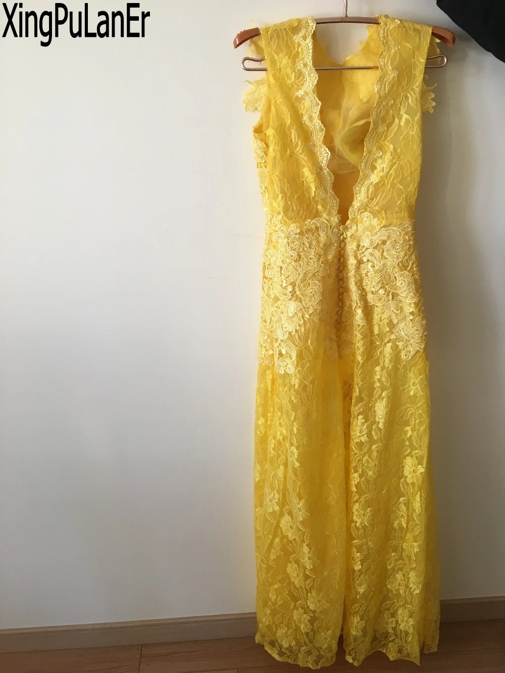 

Instock Straight Sleeveless Yellow Lace Elegant Women Evening Dresses Long