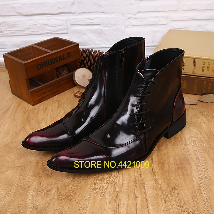 

British style high-heeled shoes top quality men's motorcycle boots wine red pointed real leather high top shoes short boots men
