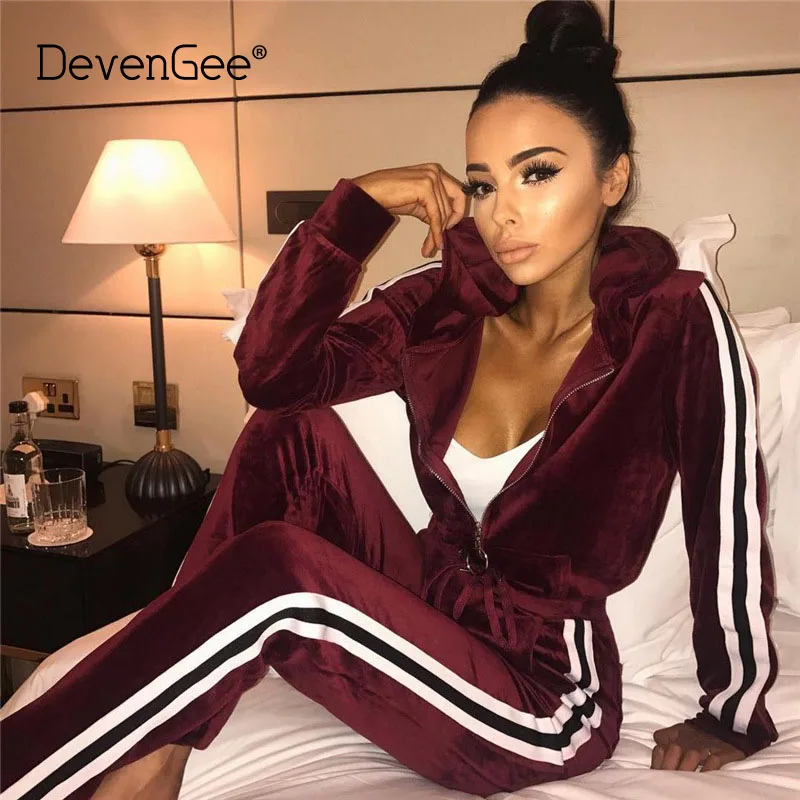 

DevenGee New Women Sportswear Autumn Winter Warm Velvet Tracksuit Two Piece Set Stripe Sweatshirt Pant Sweat Suit Home Clothing