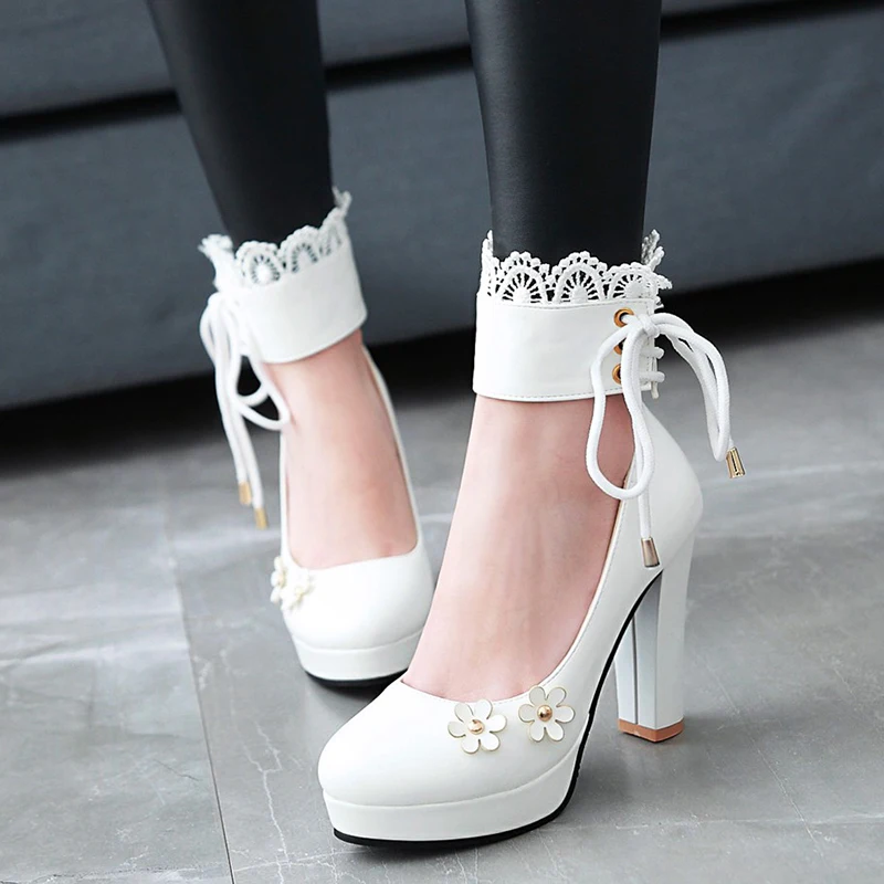 Rimocy plus size 43 lace ankle strap pink leather princess shoes woman 2019 lovely thick square super high heels platform pumps