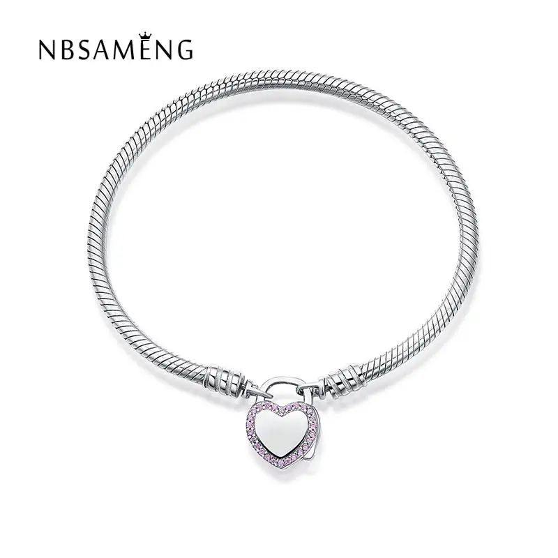 

Authentic 925 Sterling Silver Promise Lock Pink & Clear CZ Basic Bracelets Fit Women Pan Bangle Bead Charm DIY Jewelry