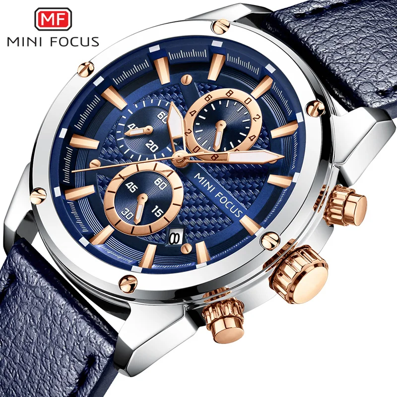 

MINIFOCUS Mens Watches Top Brand Luxury Watch Men Waterproof Leather Strap Relogio Masculino reloj hombre Blue erkek kol saati