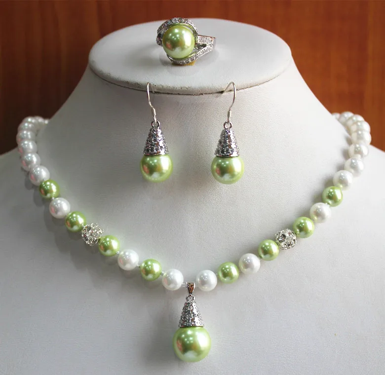 

party! Wholesale Women's 8mm white and grass green shell pearl Necklace earring ring(7/8/9) jewelry set #229