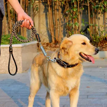 

Pet Braided Leather Leash For Large Dog Collar Set Lead Big Dog Collar Leather leash Rope Set Spring Buffer Traction Black L XL