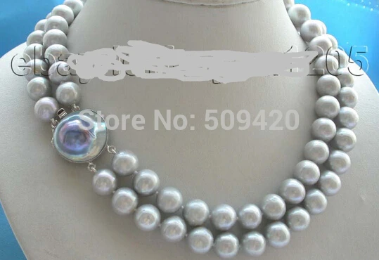 

~~ W&O653 >2rows Natural 13mm Round Gray Pearl Necklace 925SC Mabe