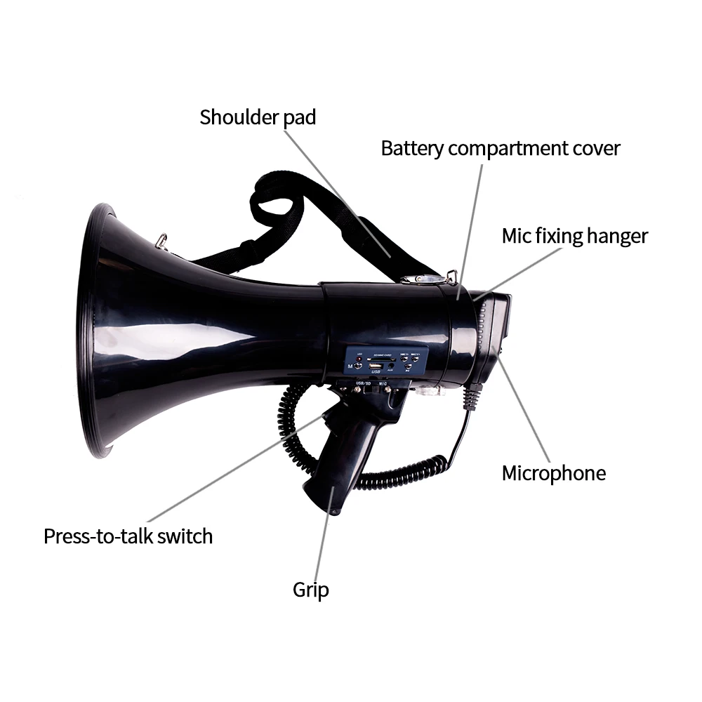 Портативный МегаФон 50 Ватт мощность МегаФон динамик Bullhorn голос и сирена/режимы сигнализации с регулятором громкости и ремешком