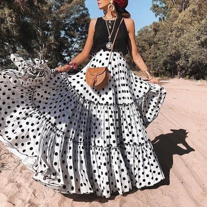 

Plus Size 5XL Polka Dot Print Maxi Skirt Women Fashion Layered Skirts Summer Long Pleated Skirt Sexy Wave Beach Party saias
