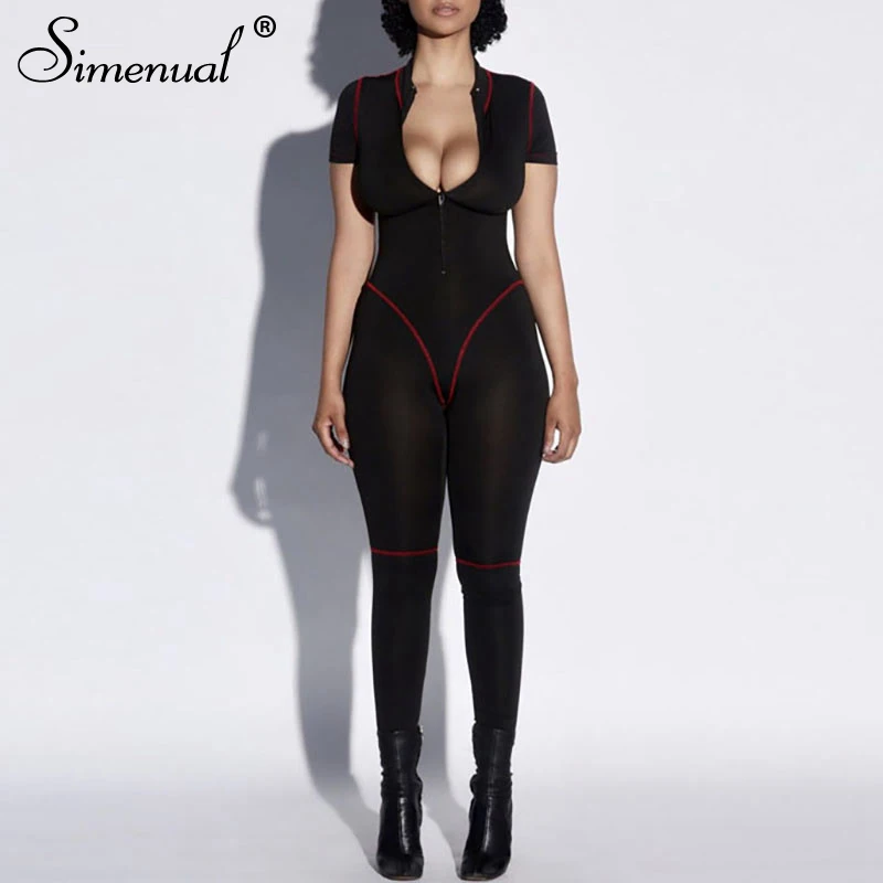 Women Casual Jumpsuit Zipper Patchwork Active Wear Rompers OG0681