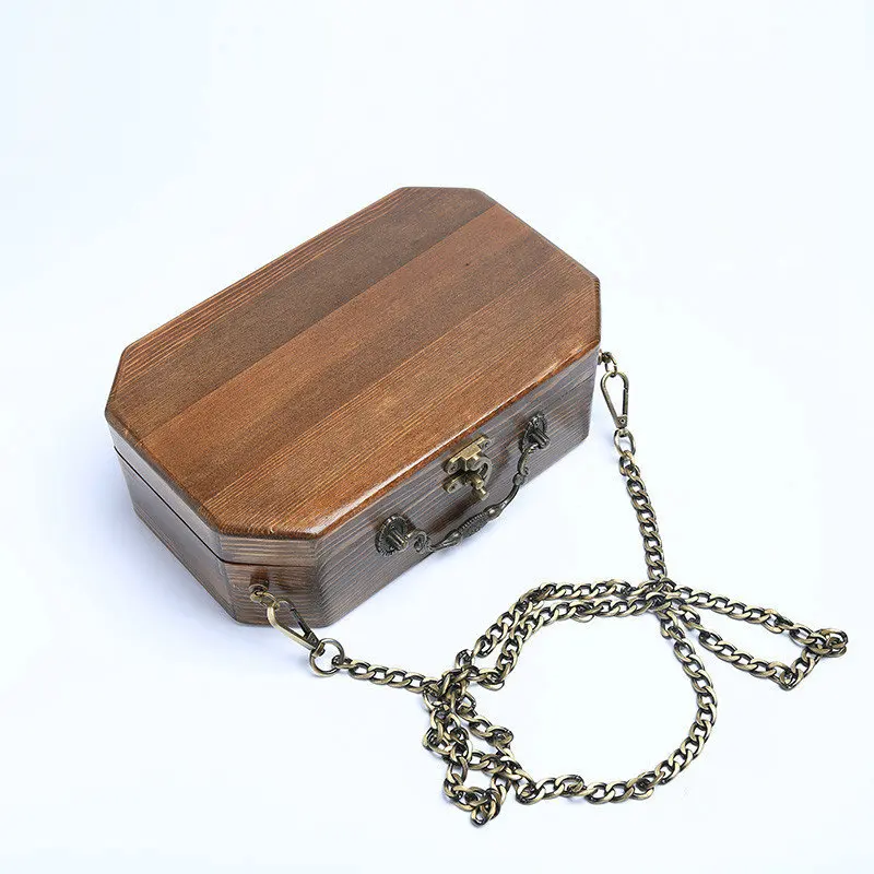 

Trong original handmade octagon arbor wood box bag women's clutch vintage crossbody chain handbag retro doorknob purse tote case