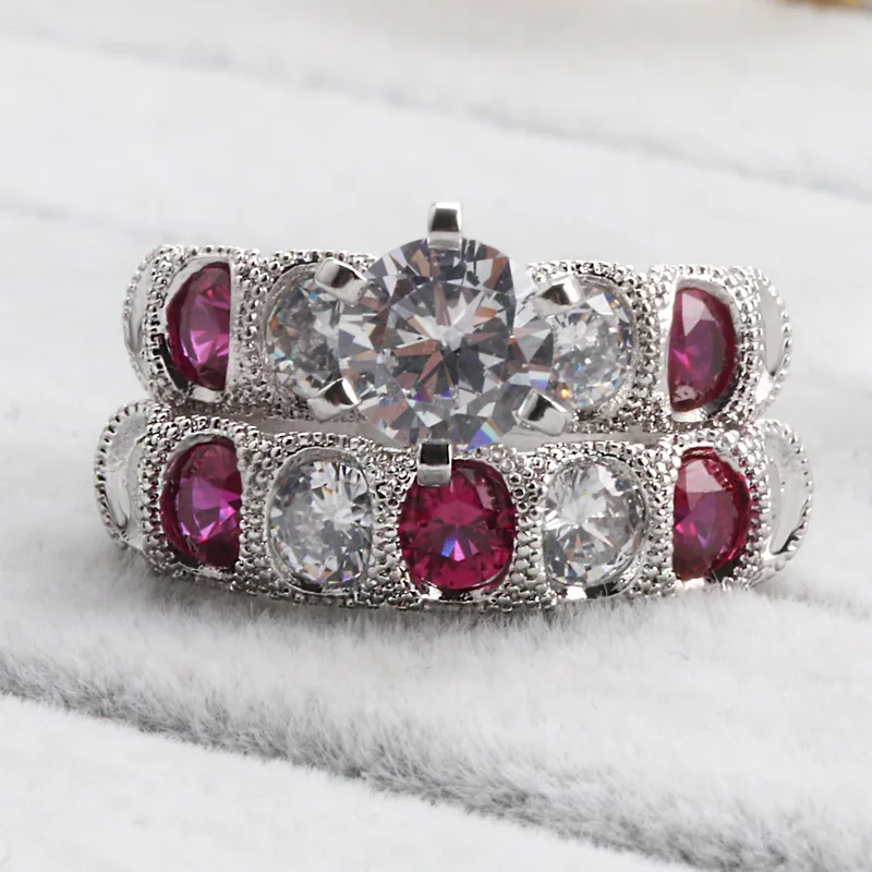 

Romad Double Rings Set Three-Eyed Magic Queen Fashion Ring For Women Cubic Zirconia Engagement Wedding plating Ring